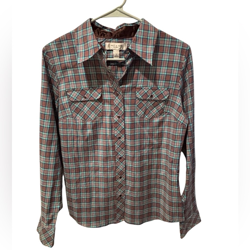 Paul & Joe for Target Plaid Western Snap Shirt Brown Blue Large Cotton Stretch